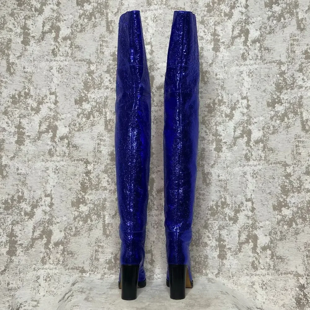 Isabel Marant Lurna Thigh High Boots in Blue Metallic